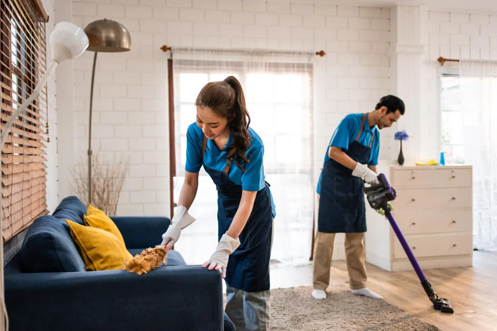 Two Bedeen Cleaning Services team members cleaning a home together